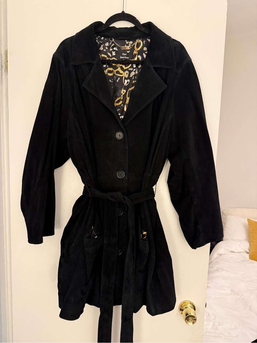 dennis basso Black Suede Belted Trench Coat